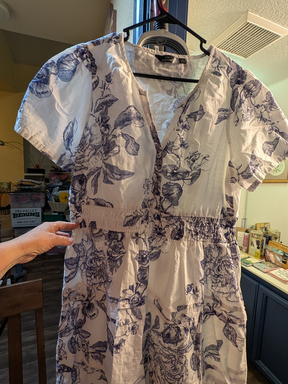 Mlle Gabrielle 2X Blue White Floral 100% Cotton Midi Dress Smocked Waist